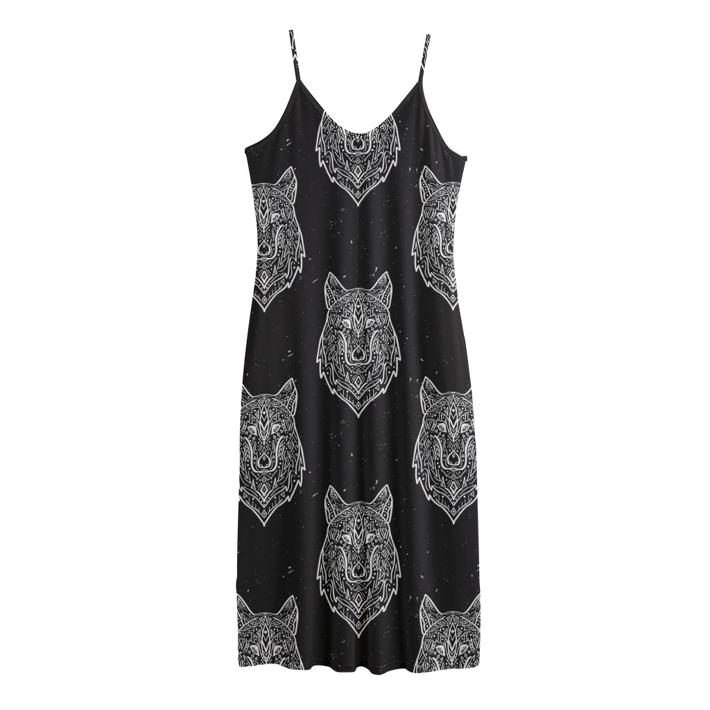 Native Tribal Wolf Pattern Print Jersey Midi Cami Dress