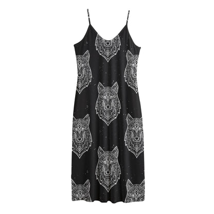 Native Tribal Wolf Pattern Print Jersey Midi Cami Dress