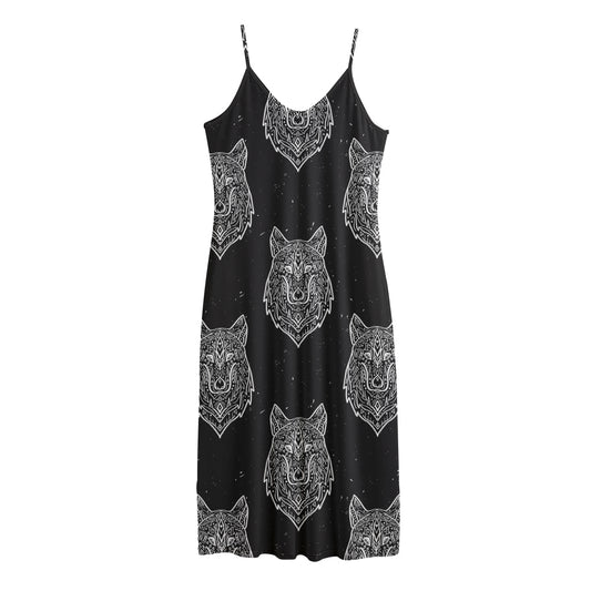 Native Tribal Wolf Pattern Print Jersey Midi Cami Dress