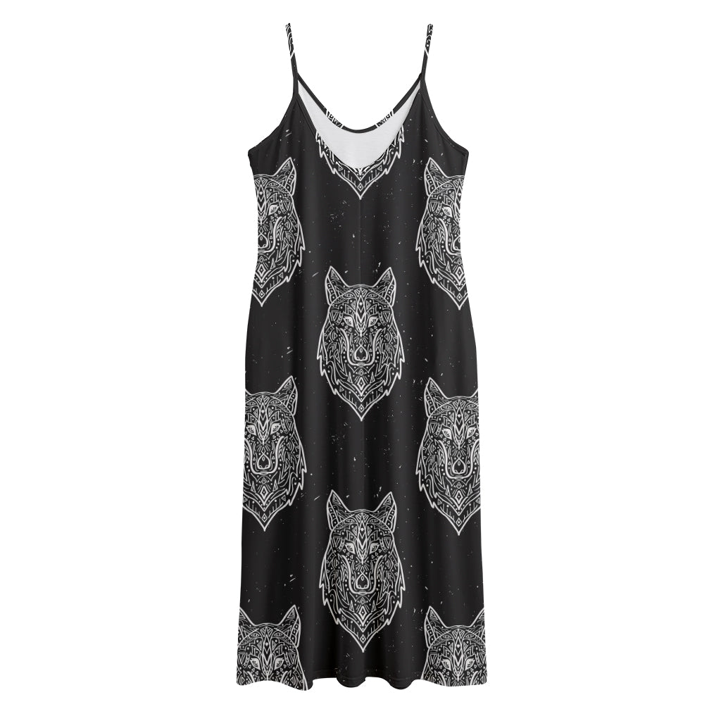 Native Tribal Wolf Pattern Print Jersey Midi Cami Dress