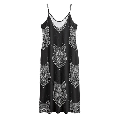 Native Tribal Wolf Pattern Print Jersey Midi Cami Dress