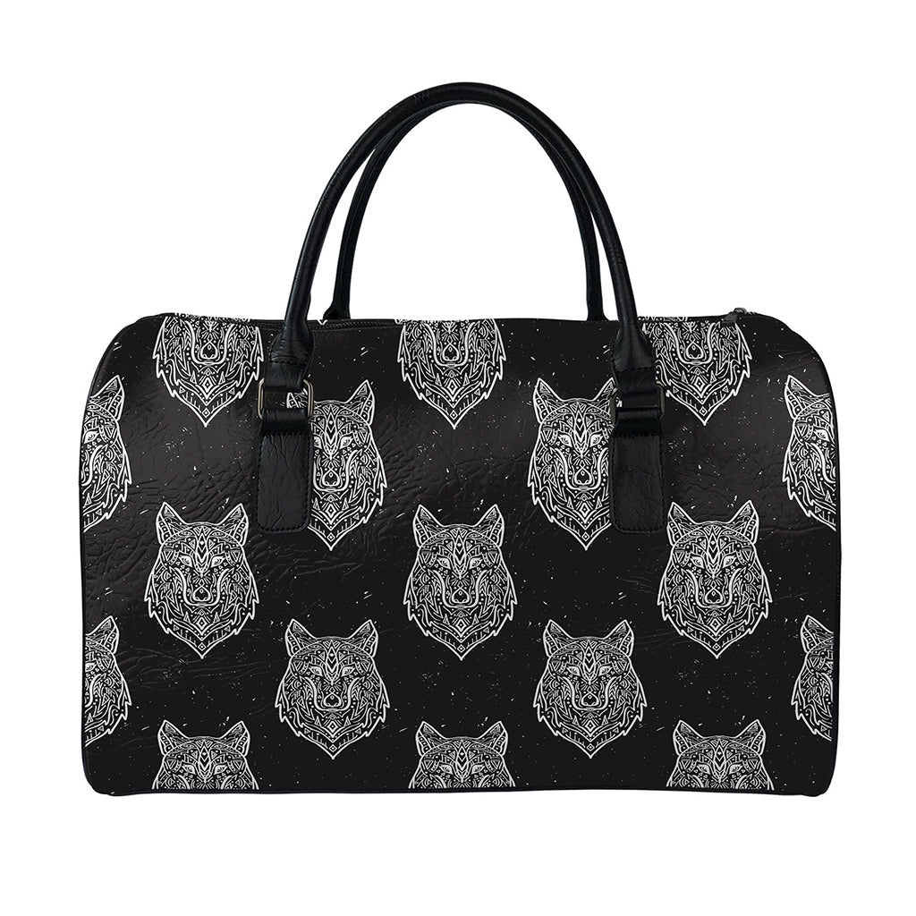 Native Tribal Wolf Pattern Print Leather Duffle Bag
