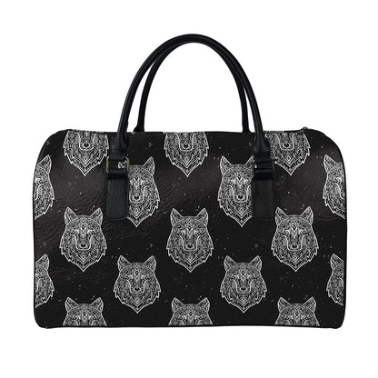 Native Tribal Wolf Pattern Print Leather Duffle Bag
