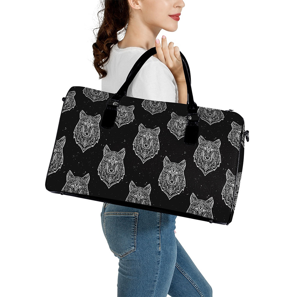 Native Tribal Wolf Pattern Print Leather Duffle Bag