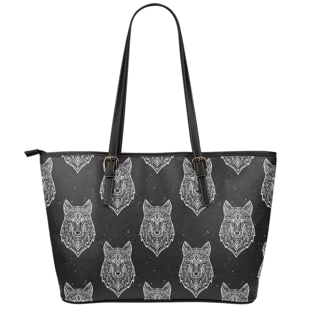 Native Tribal Wolf Pattern Print Leather Tote Bag