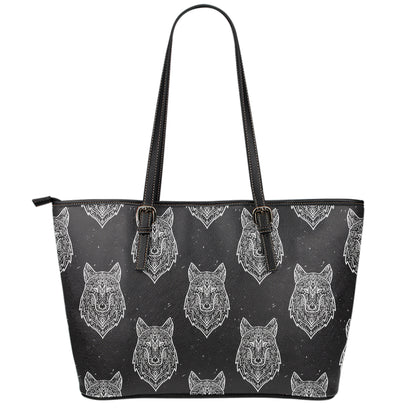Native Tribal Wolf Pattern Print Leather Tote Bag