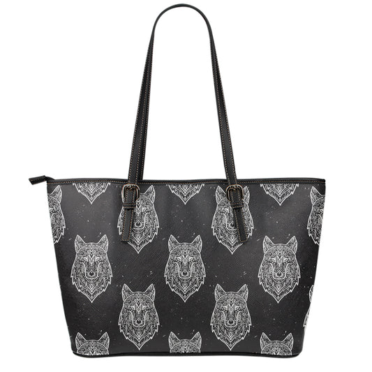 Native Tribal Wolf Pattern Print Leather Tote Bag