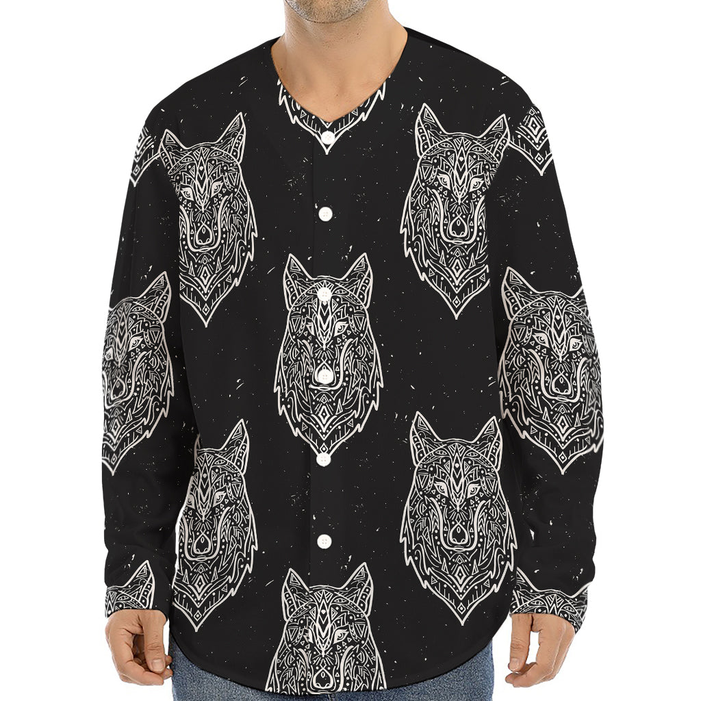Native Tribal Wolf Pattern Print Long Sleeve Baseball Jersey