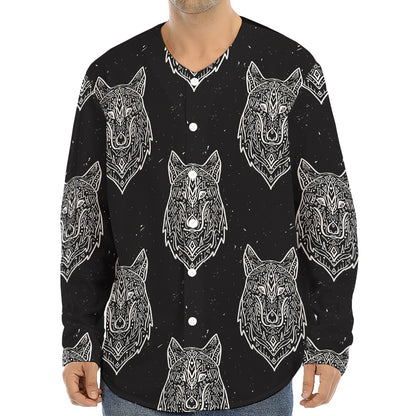Native Tribal Wolf Pattern Print Long Sleeve Baseball Jersey