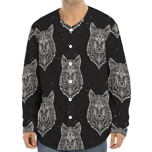 Native Tribal Wolf Pattern Print Long Sleeve Baseball Jersey