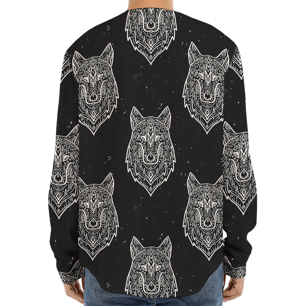 Native Tribal Wolf Pattern Print Long Sleeve Baseball Jersey