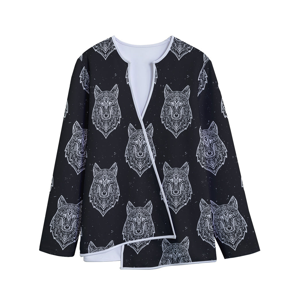 Native Tribal Wolf Pattern Print Long Sleeve Short Coat