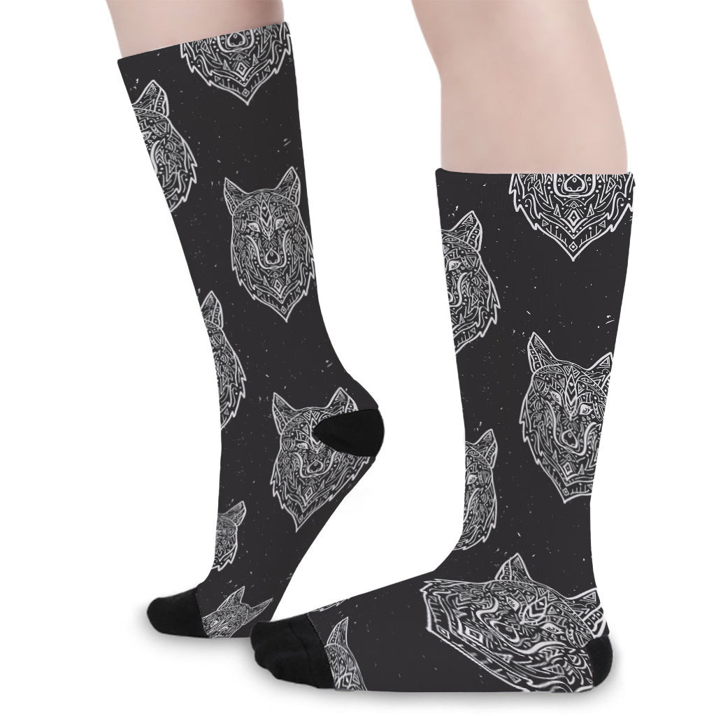 Native Tribal Wolf Pattern Print Long Socks