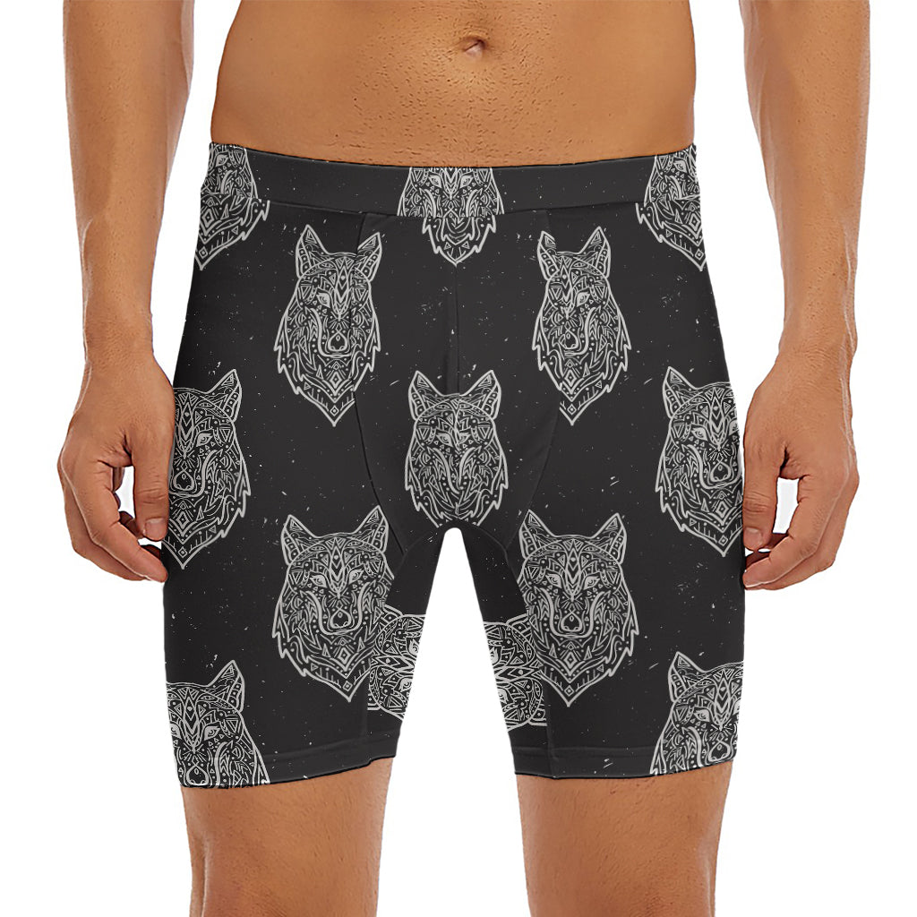 Native Tribal Wolf Pattern Print Men's Long Boxer Briefs