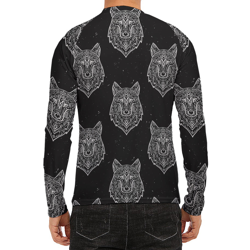 Native Tribal Wolf Pattern Print Men's Long Sleeve Rash Guard