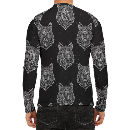 Native Tribal Wolf Pattern Print Men's Long Sleeve Rash Guard