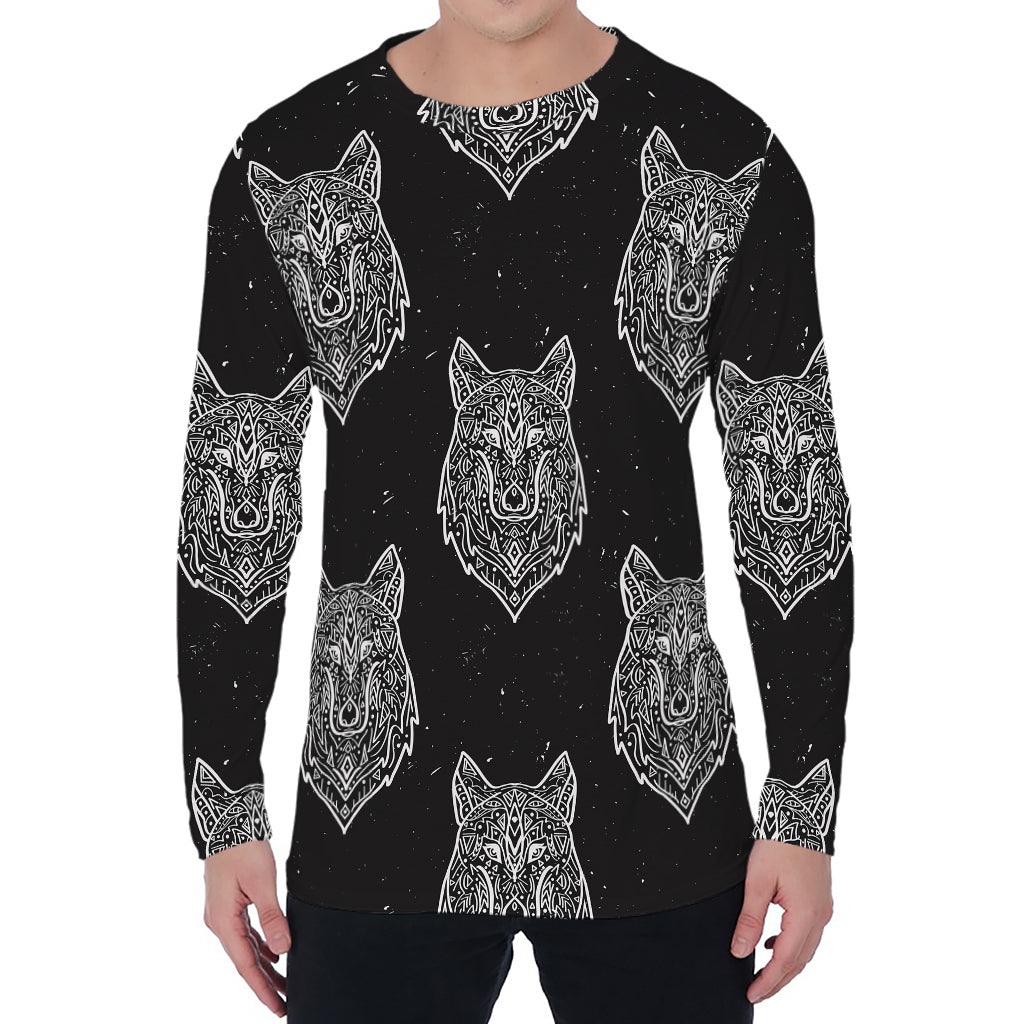 Native Tribal Wolf Pattern Print Men's Long Sleeve T-Shirt