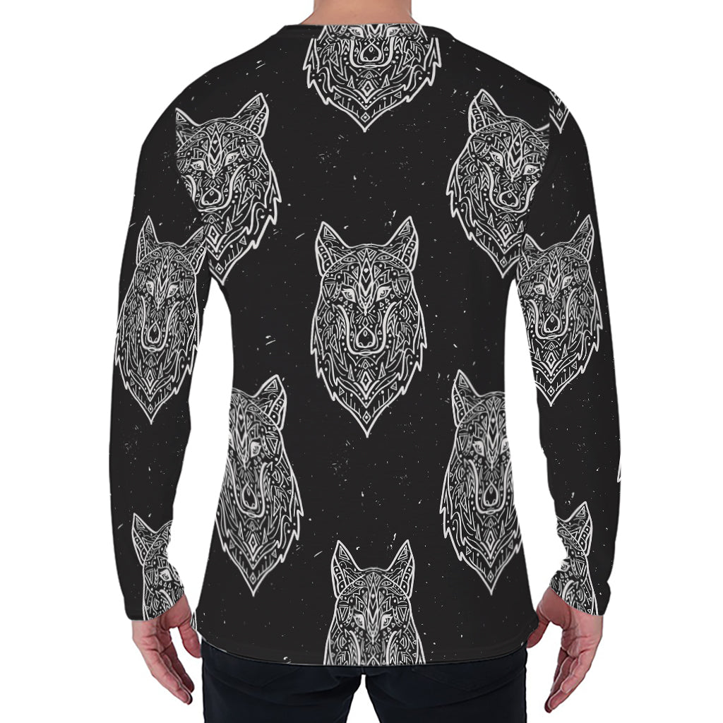 Native Tribal Wolf Pattern Print Men's Long Sleeve T-Shirt