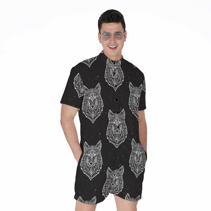 Native Tribal Wolf Pattern Print Men's Rompers