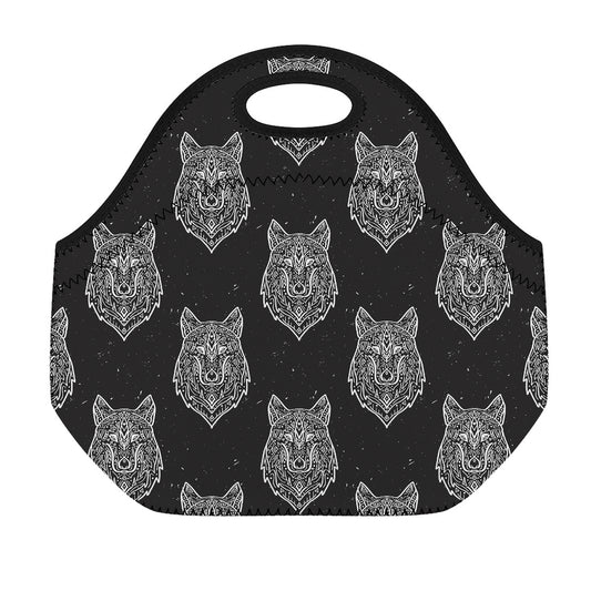 Native Tribal Wolf Pattern Print Neoprene Lunch Bag