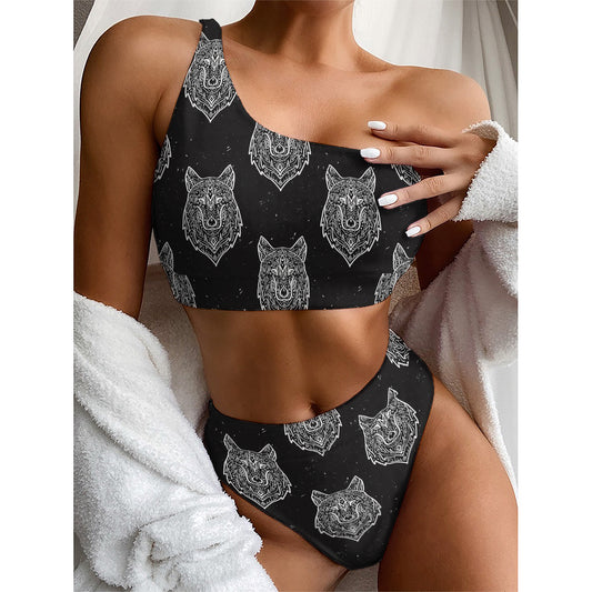 Native Tribal Wolf Pattern Print One Shoulder Bikini Top