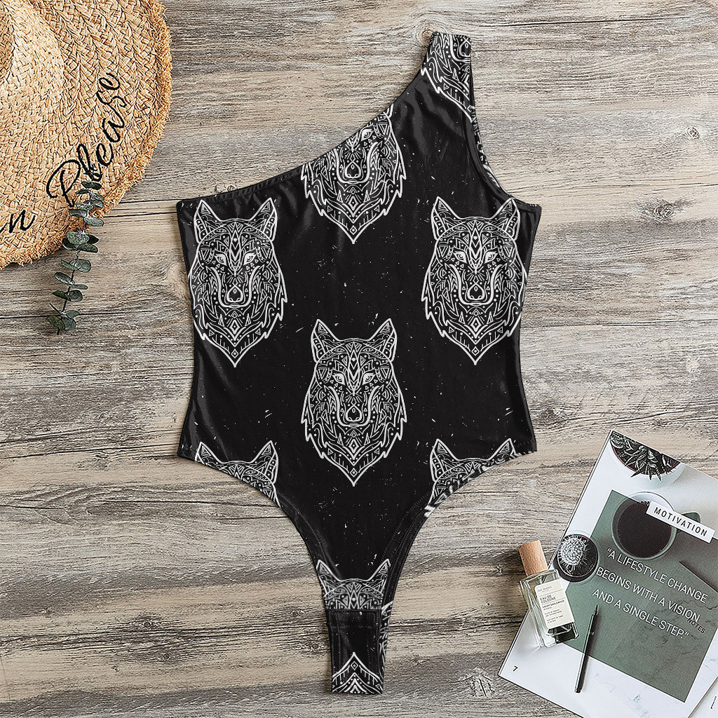 Native Tribal Wolf Pattern Print One Shoulder Bodysuit