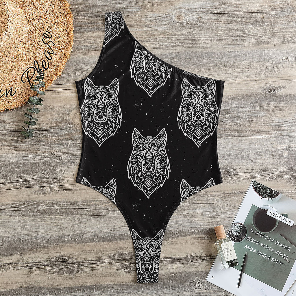 Native Tribal Wolf Pattern Print One Shoulder Bodysuit