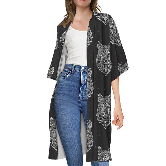 Native Tribal Wolf Pattern Print Open Front Beach Cover Up