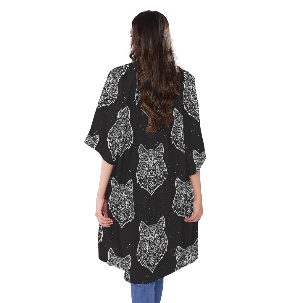 Native Tribal Wolf Pattern Print Open Front Beach Cover Up