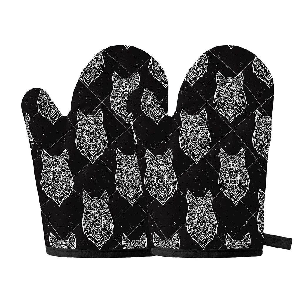 Native Tribal Wolf Pattern Print Oven Mitts