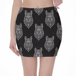 Native Tribal Wolf Pattern Print Pencil Mini Skirt