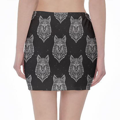 Native Tribal Wolf Pattern Print Pencil Mini Skirt