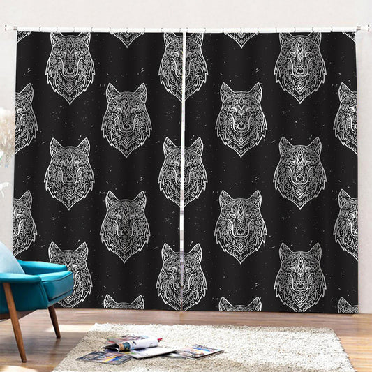Native Tribal Wolf Pattern Print Pencil Pleat Curtains