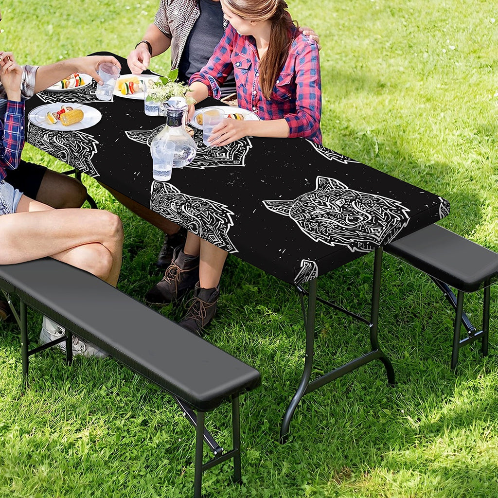 Native Tribal Wolf Pattern Print Picnic Table Cover