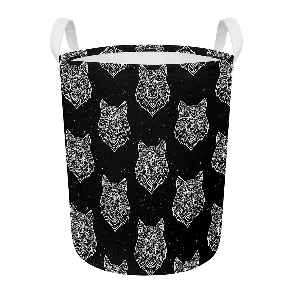 Native Tribal Wolf Pattern Print Round Laundry Basket