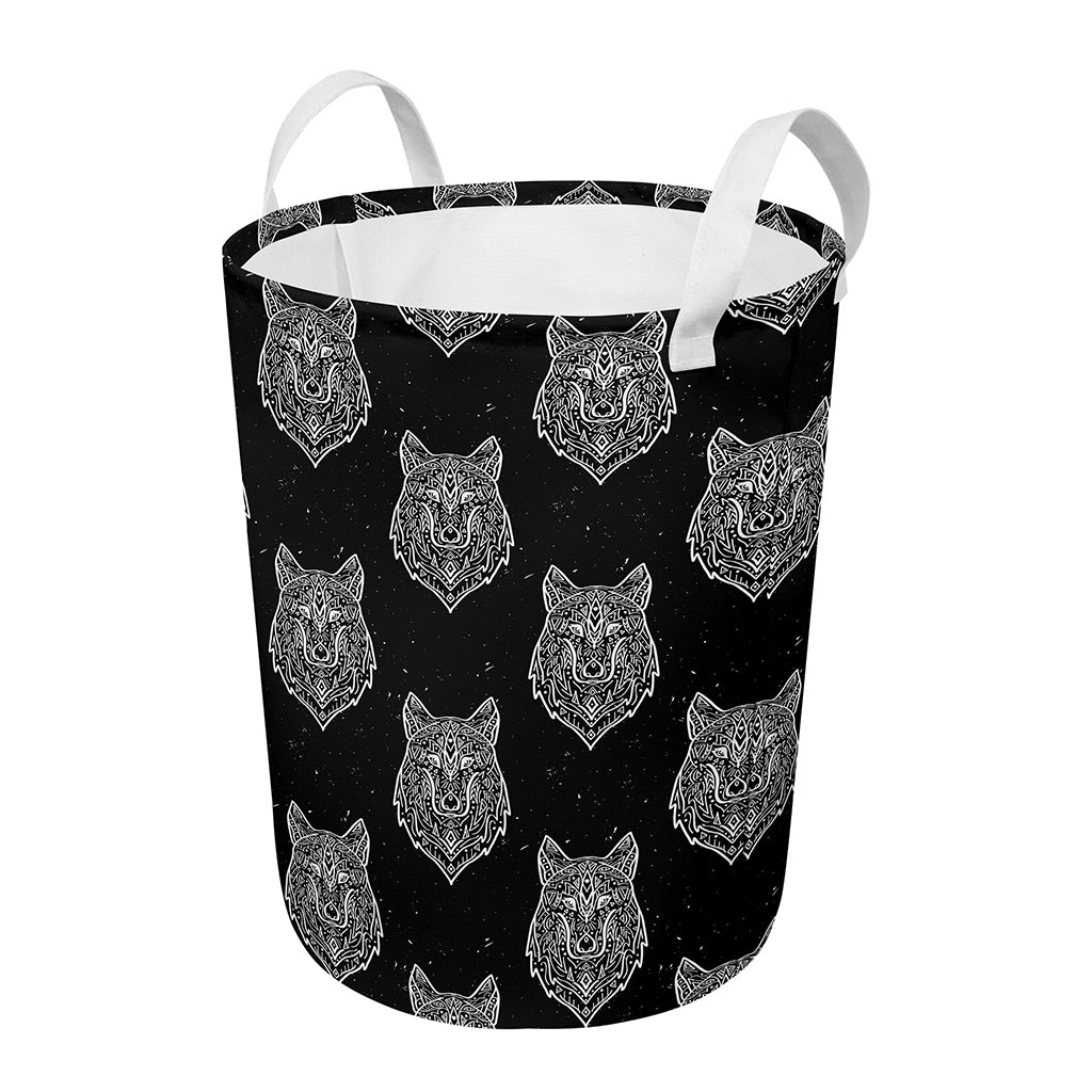 Native Tribal Wolf Pattern Print Round Laundry Basket