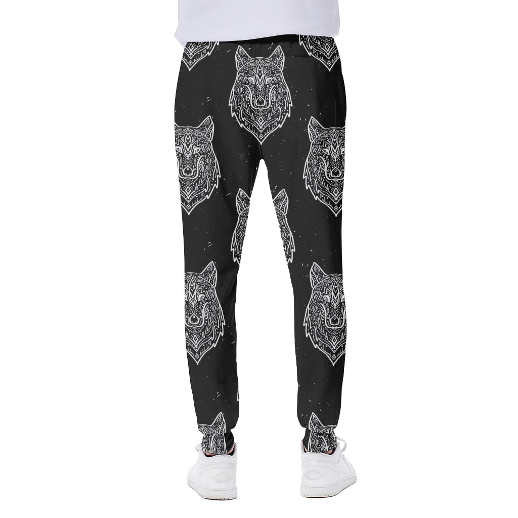 Native Tribal Wolf Pattern Print Scuba Joggers