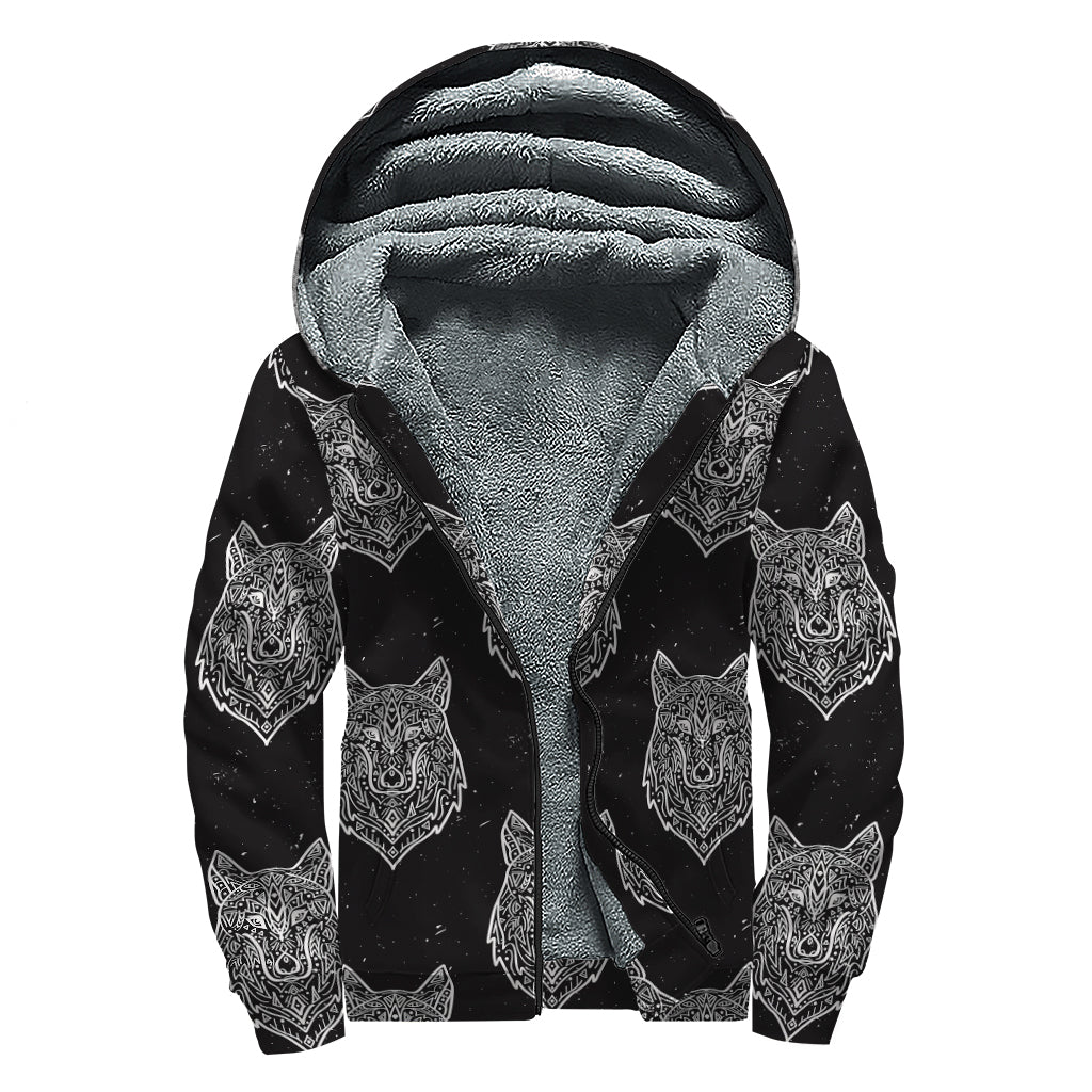 Native Tribal Wolf Pattern Print Sherpa Lined Zip Up Hoodie