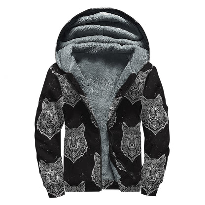 Native Tribal Wolf Pattern Print Sherpa Lined Zip Up Hoodie