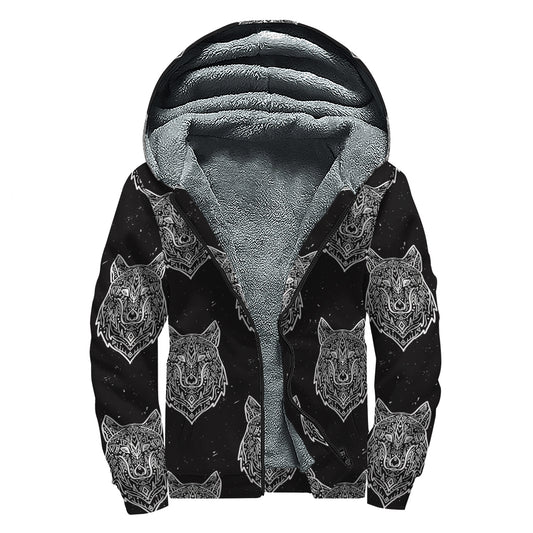 Native Tribal Wolf Pattern Print Sherpa Lined Zip Up Hoodie