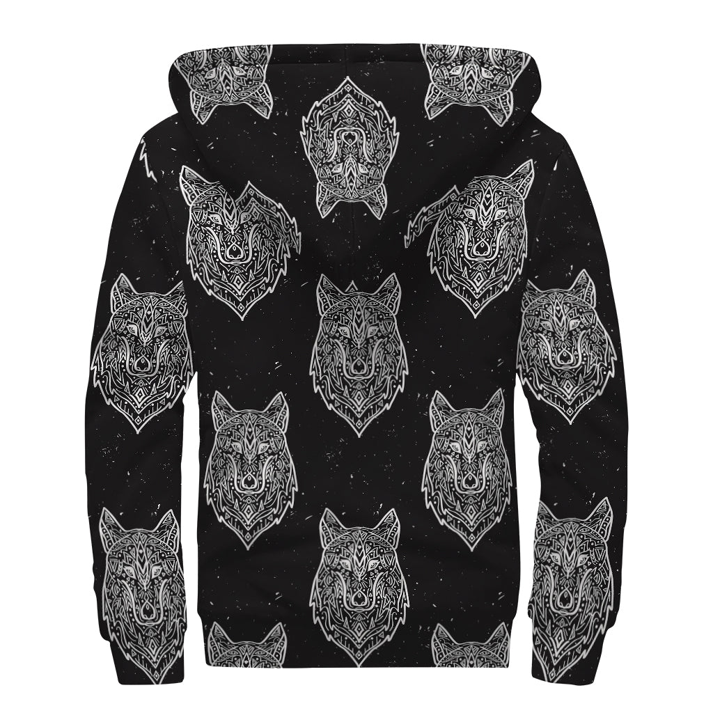 Native Tribal Wolf Pattern Print Sherpa Lined Zip Up Hoodie
