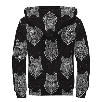Native Tribal Wolf Pattern Print Sherpa Lined Zip Up Hoodie
