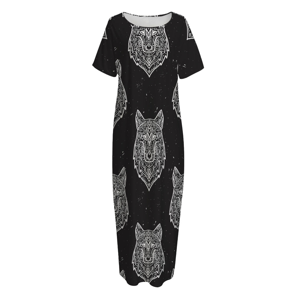 Native Tribal Wolf Pattern Print Short Sleeve Long Nightdress