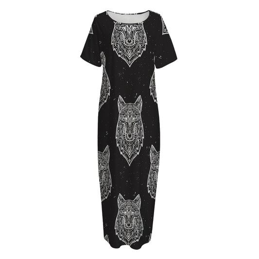Native Tribal Wolf Pattern Print Short Sleeve Long Nightdress