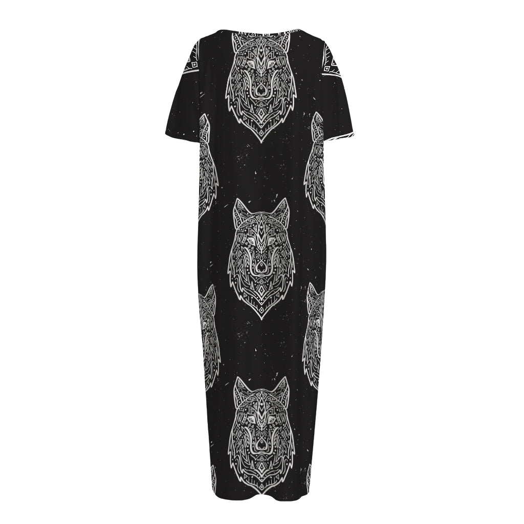 Native Tribal Wolf Pattern Print Short Sleeve Long Nightdress