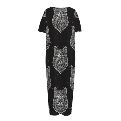 Native Tribal Wolf Pattern Print Short Sleeve Long Nightdress