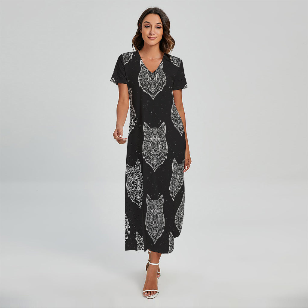 Native Tribal Wolf Pattern Print Short Sleeve Maxi Dress