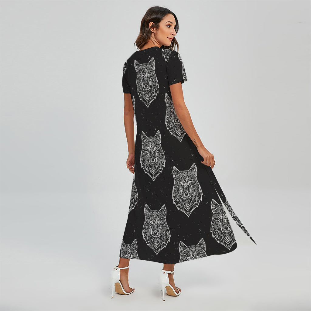 Native Tribal Wolf Pattern Print Short Sleeve Maxi Dress