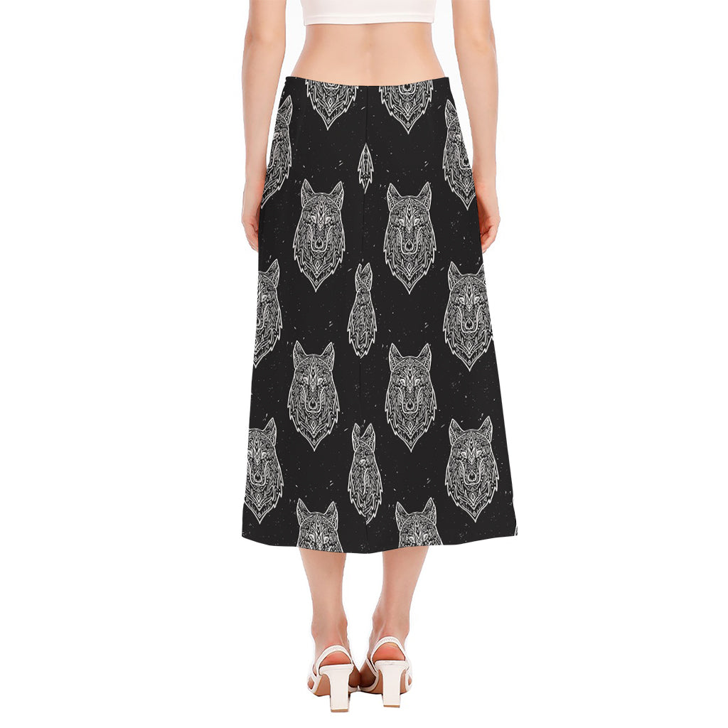 Native Tribal Wolf Pattern Print Side Slit Midi Skirt