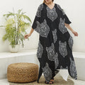 Native Tribal Wolf Pattern Print Silk V-Neck Kaftan Dress